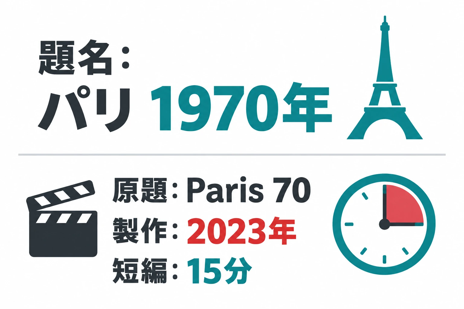 題名の1970年は製作年? 題名:パリ 1970年、原題:Paris 70、製作:2023年、短編:15分を整理した説明図。